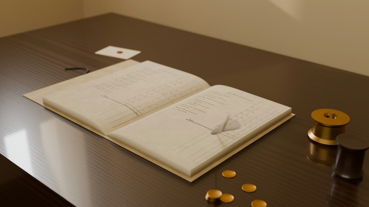 Geschäftsbücher und Firmenunterlagen auf einem Schreibtisch